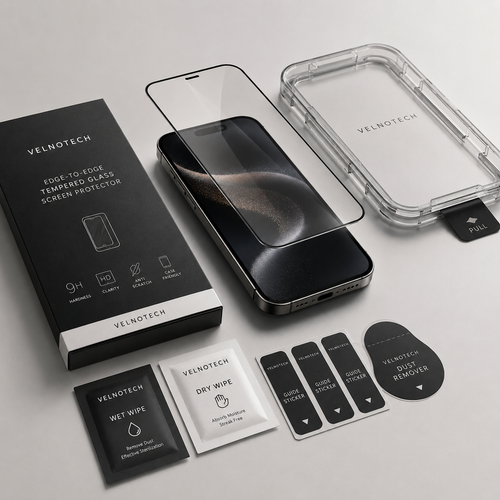 Velnotech 11D tempered glass screen protector kit for iPhone with alignment tray, wet wipe, dry wipe and dust remover