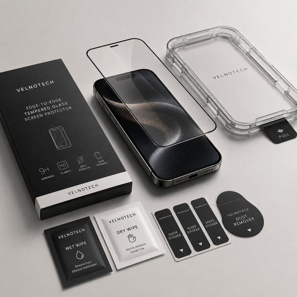 Velnotech 11D tempered glass screen protector kit for iPhone with alignment tray, wet wipe, dry wipe and dust remover