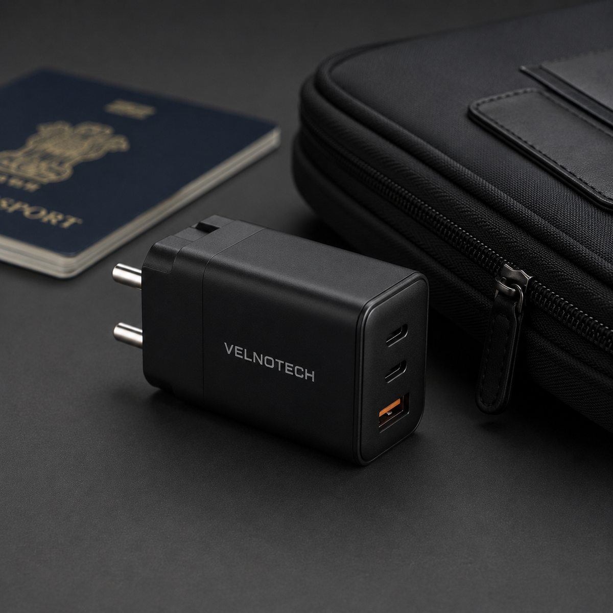 Velnotech 67W GaN 3-Port Travel Charger – 2× USB-C + USB-A Fast Charger