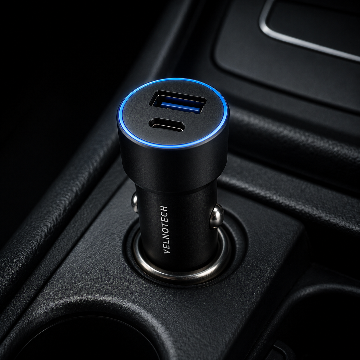 Velnotech 38W Dual-Port Car Charger – USB-C PD + USB-A Fast Charger