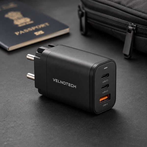 Velnotech 67W GaN 3-Port Travel Charger – 2× USB-C + USB-A Fast Charger