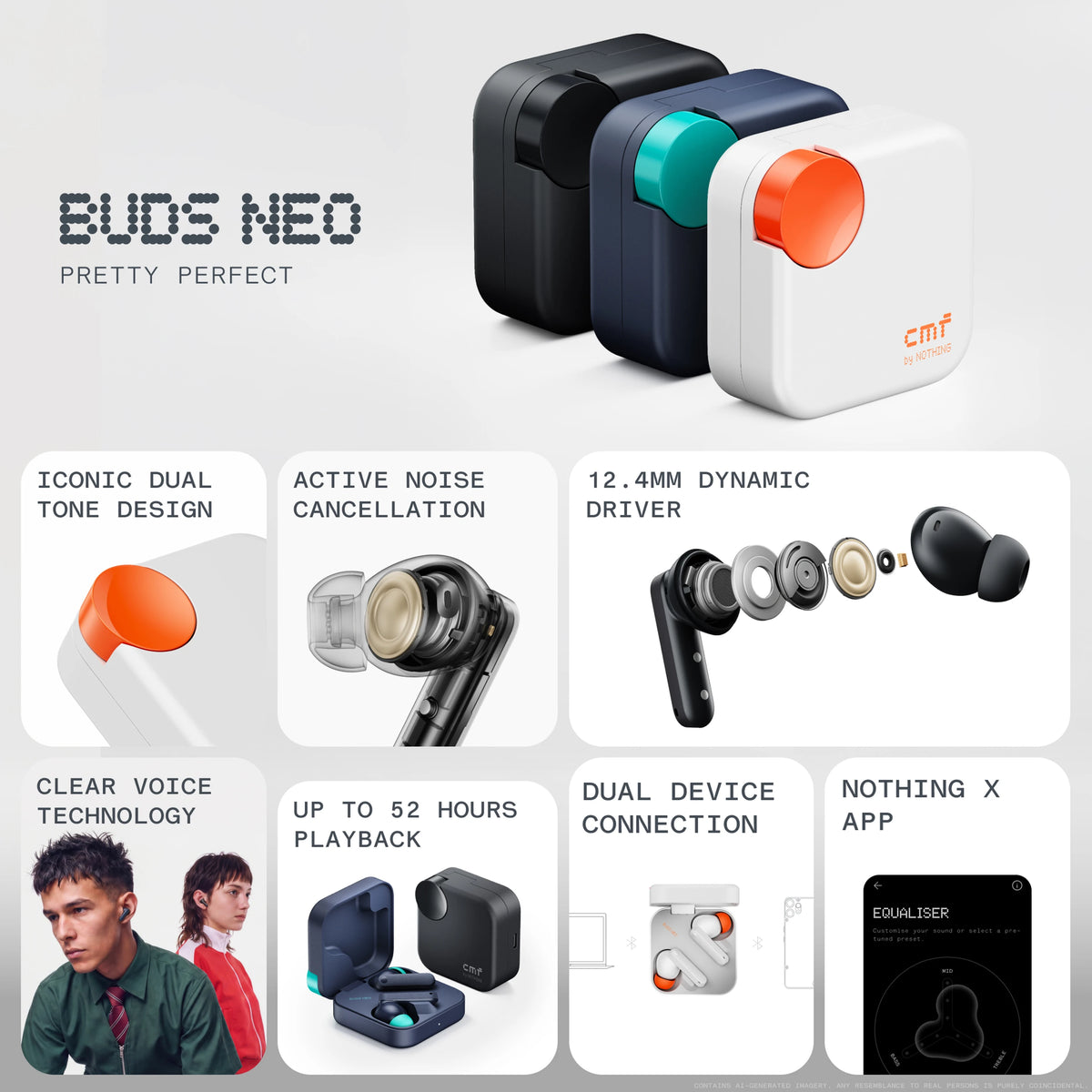 Buds Neo feature overview: dual-tone design, active noise cancellation, 12.4mm driver, Clear Voice, 52 hours playback, dual device connection and Nothing X app
