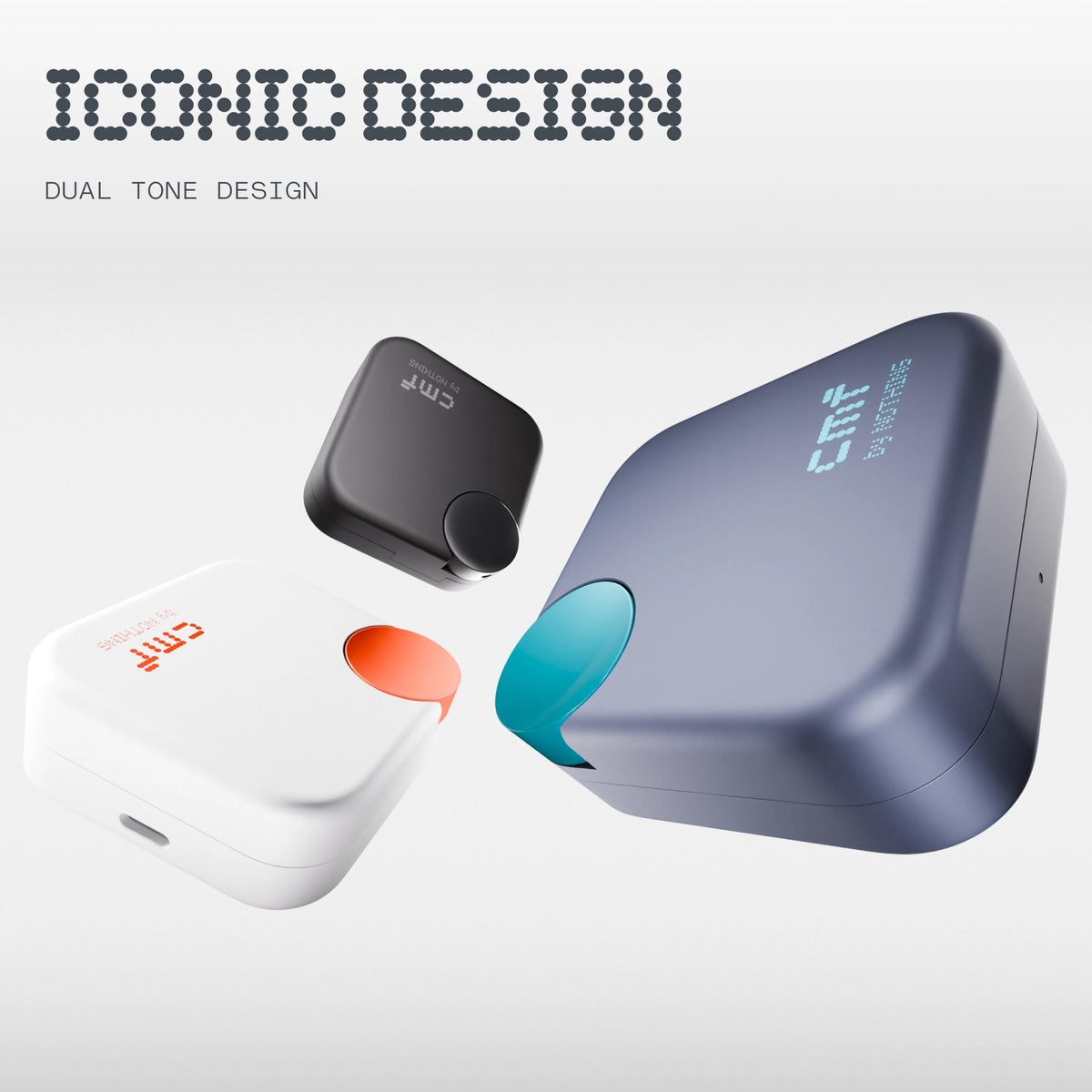 Iconic dual-tone square case design shown in White, Black and Dark Blue