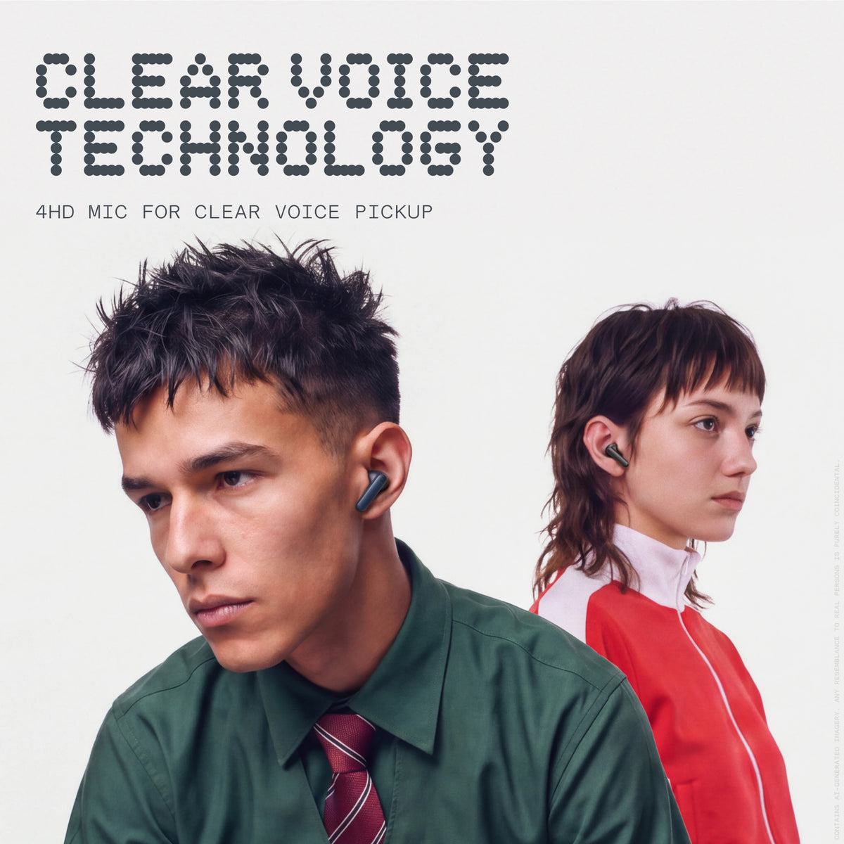 Clear Voice Technology with four HD mics, shown on people wearing CMF Buds Neo