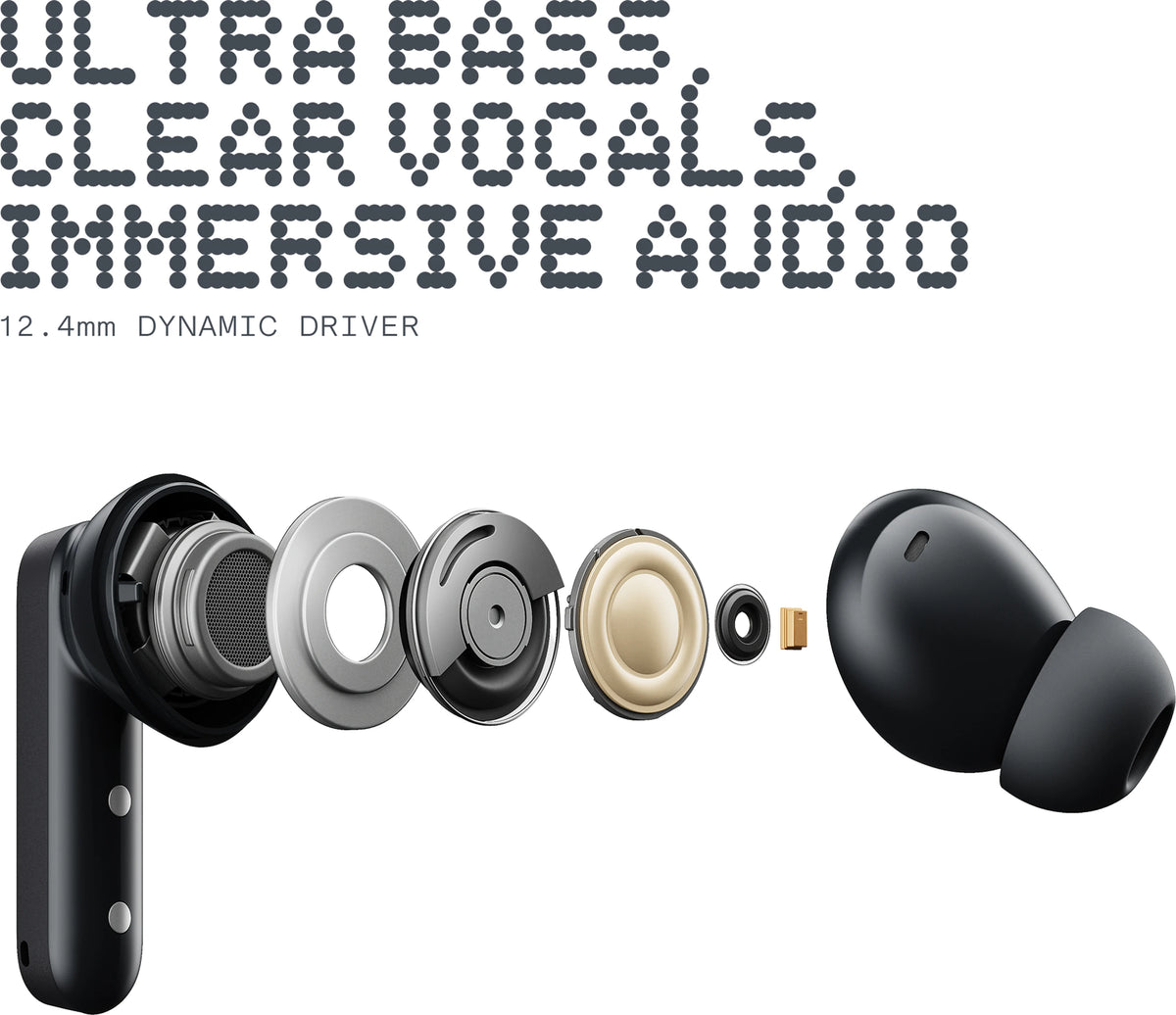 Exploded view of the 12.4mm dynamic driver behind the ultra bass and clear vocals