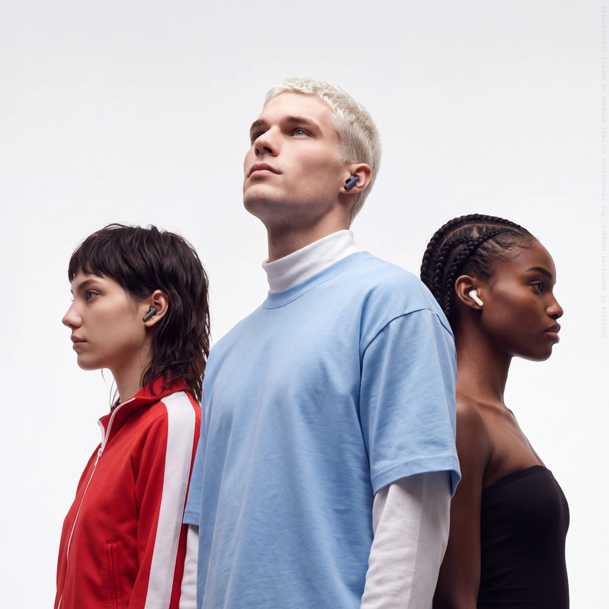 Three people wearing CMF by Nothing Buds Neo wireless earbuds